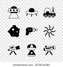 Set UFO flying spaceship, Mars rover, Telescope, Space capsule, Asteroid and Ray gun icon. Vector