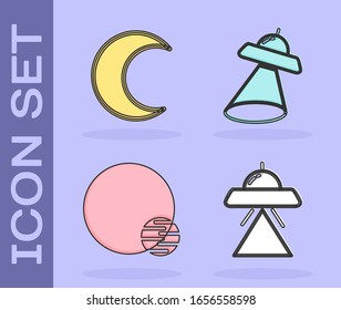 Set UFO flying spaceship, Moon and stars, Planet and UFO flying spaceship icon. Vector