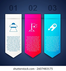 Set UFO flying spaceship, Moon with flag and Comet falling down fast. Business infographic template. Vector