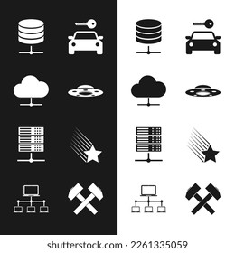 Set UFO flying spaceship, Network cloud connection, Server, Data, Web Hosting, Car rental,  and Falling star icon. Vector