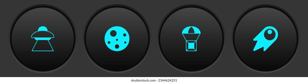Set UFO flying spaceship, Planet Mars, Box on parachute and Comet falling down fast icon. Vector