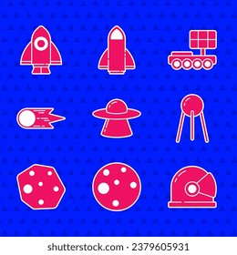 Set UFO flying spaceship, Planet Mars, Astronaut helmet, Satellite, Asteroid, Comet falling down fast, rover and Rocket icon. Vector