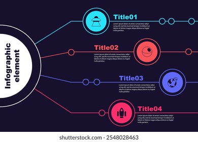 Set UFO flying spaceship, Planet, Earth globe and Rocket. Business infographic template. Vector