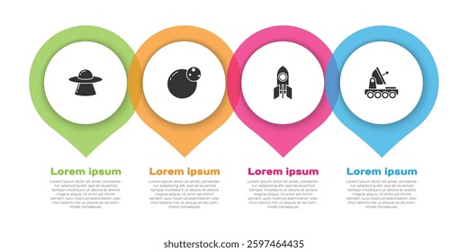 Set UFO flying spaceship, Planet, Rocket and Mars rover. Business infographic template. Vector