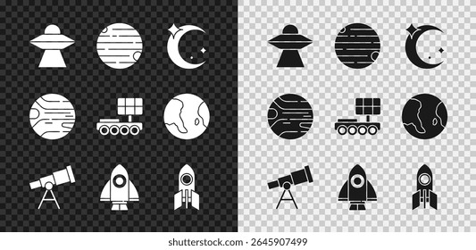 Definir nave espacial voadora UFO, Planeta, Lua e estrelas, Telescópio, Foguete, e Marte ícone rover. Vetor