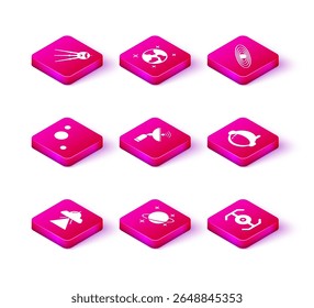 Set UFO flying spaceship, Planet, Solar system, Radar, Cosmic, Astronaut helmet,  and Earth globe icon. Vector