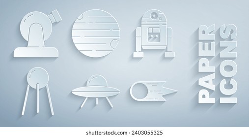 Set UFO flying spaceship, Robot, Satellite, Comet falling down fast, Planet and Astronomical observatory icon. Vector