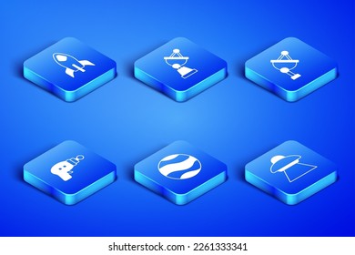 Set UFO flying spaceship, Rocket, Planet, Ray gun, Satellite dish and  icon. Vector