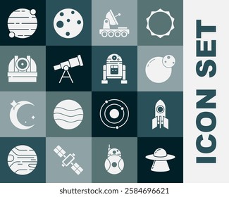 Set UFO flying spaceship, Rocket, Planet, Mars rover, Telescope, Astronomical observatory,  and Robot icon. Vector
