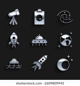 Set UFO flying spaceship, Rocket with fire, Moon and stars, Earth globe, Mars rover, Black hole and Telescope icon. Vector