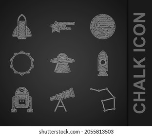 Set UFO flying spaceship, Telescope, Great Bear constellation, Rocket, Robot, Sun, Planet and  icon. Vector