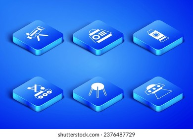 Set UFO flying spaceship, Telescope, Satellite, Mars rover, Space capsule and Rocket icon. Vector