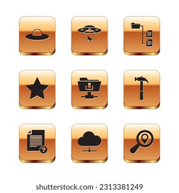 Set UFO flying spaceship, Unknown document, Network cloud connection, FTP folder download, Star and Folder tree icon. Vector