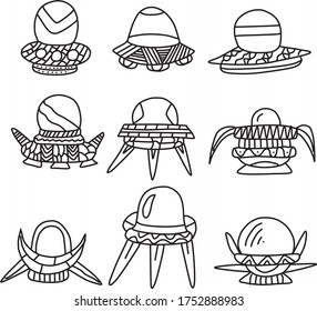 A Set of UFO icon set/template suitable for nature, party, holiday, horror, animal, park, outdoor, horror, sky, science, furniture, food and drink content with doodle cartoon style