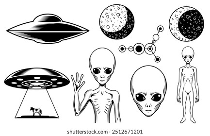 Set of ufo objects. Black and white icons or stickers with alien from another planet and alien spaceship. Design element for print. Hand drawn vector illustration collection isolated on background