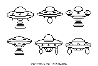 Set of UFO in Pixel Art. Flying saucers vector illustration