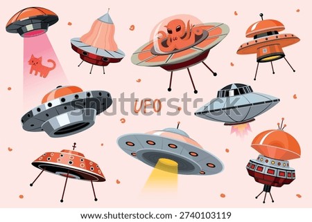 A set of UFO a range of unidentified flying objects with different designs of alien ships in retro sci fi vision but in modern style. Sauser with cute scary monsters
