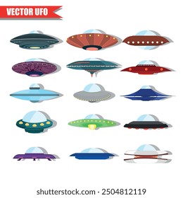 Conjunto de iconos de la nave OVNI. Objeto volador no identificado. Naves voladoras alienígenas. Vector