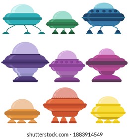 Set of UFO ships, doodle spacecraft of bright colors, various shapes and designs, cute flying saucers vector illustration