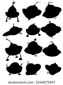 Set of UFO silhouettes of spaceships in doodle style, unusual flying vehicle vector illustration for design