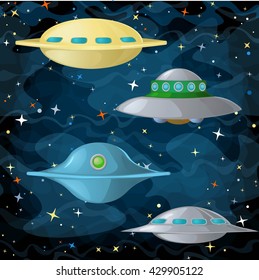 Set of ufo spaceships in comic cartoon style. Vector illustration.