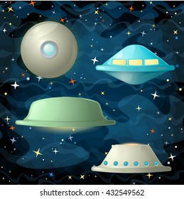 Set of ufo spaceships in comic cartoon style. Vector illustration.