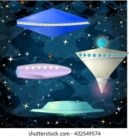 Set of ufo spaceships in comic cartoon style. Vector illustration.