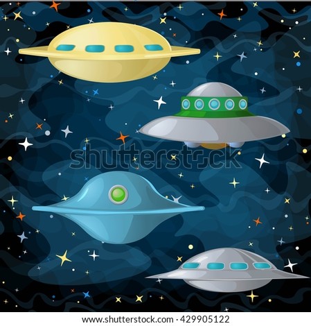 Set of ufo spaceships in comic cartoon style. Vector illustration.