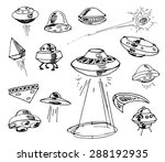 Set of UFOs. Drawing sketch. Vector illustration. 
