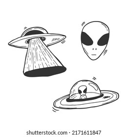 Set of UFOs. Drawing sketch. Vector illustration. Space concept