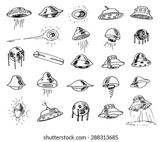 Set of UFOs. Drawing sketch. Vector illustration. 