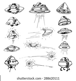 Set of UFOs. Drawing sketch. Vector illustration. 