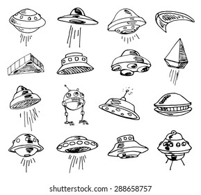 Set of UFOs. Drawing sketch. Vector illustration. 