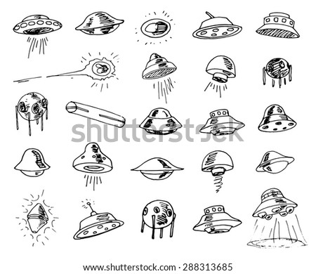 Set of UFOs. Drawing sketch. Vector illustration. 