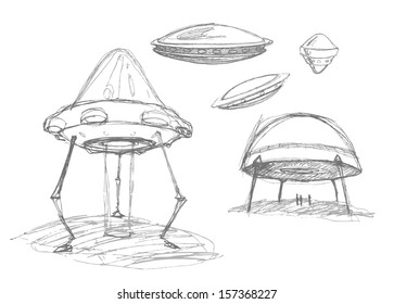 Set of Ufos. Pencil drawing sketch. Vector illustration. 