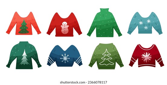 Set with ugly Christmas jumpers in cartoon style