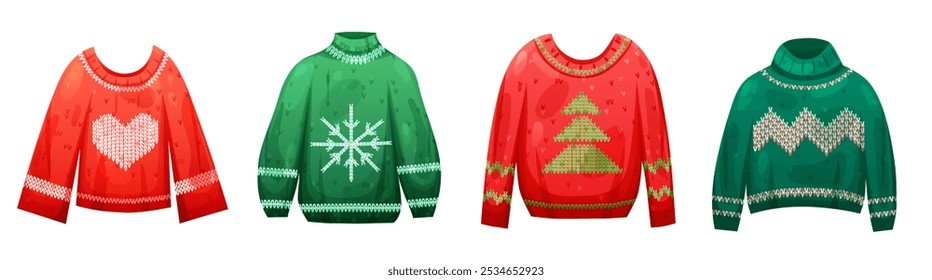 Set of ugly Christmas sweater and jumper with knit texture. Vector holiday illustration