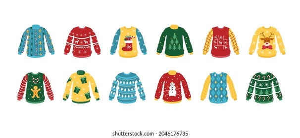 Set Ugly Christmas sweater. Vector cartoon knitted pullover stylish holiday design. 