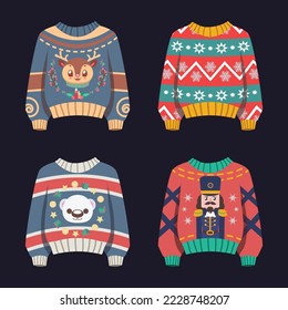 Set of ugly Christmas sweaters with cute patterns