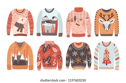 Set of ugly Christmas sweaters or jumpers isolated on white background. Collection of winter holiday knitted clothes with bizarre prints and pattern. Colored vector illustration in flat cartoon style.