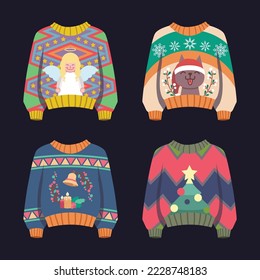 Set of ugly Christmas sweaters with multicolor patterns