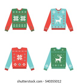 Set of ugly christmas sweaters with snowflake and deer pattern. Vector