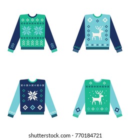 Set of ugly christmas sweaters with snowflake and deer pattern. Vector