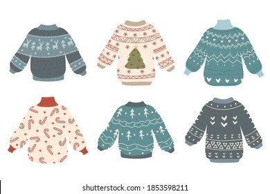 Set of ugly christmas sweaters supply. Traditional knitted clothes with different prints. Cute ugly christmas sweaters. Vector illustration