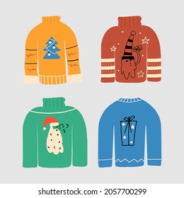 Set of ugly Christmas sweaters. Vector illustration in a flat style.