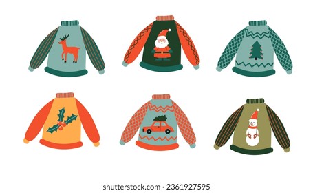 Set of ugly Christmas sweaters. Warm winter clothes with ornaments, santa, snowman, red car with Christmas tree, deer. Knitwear vector illustration.