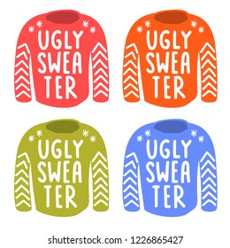 Set of ugly sweaters for christmas party. Hand drawn vector lettering icons illustrations for greeting card, stickers, posters design.	