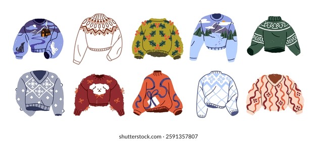 Set of ugly sweaters with different Christmas patterns. Designs of Xmas jumpers, tacky clothes for winter holiday. Cozy warm knitted pullovers. Flat isolated vector illustrations on white background