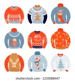 Set of ugly sweaters. Many various sweaters with Christmas pictures. Vector illustration.