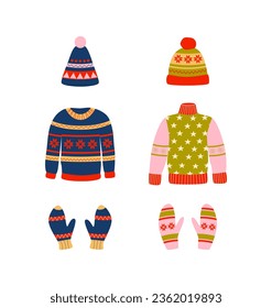 Set of ugly sweaters, socks, mittens, hats. Winter clothing. Woolen apparel. Cozy season. Christmas, New Year. Retro vintage colors.